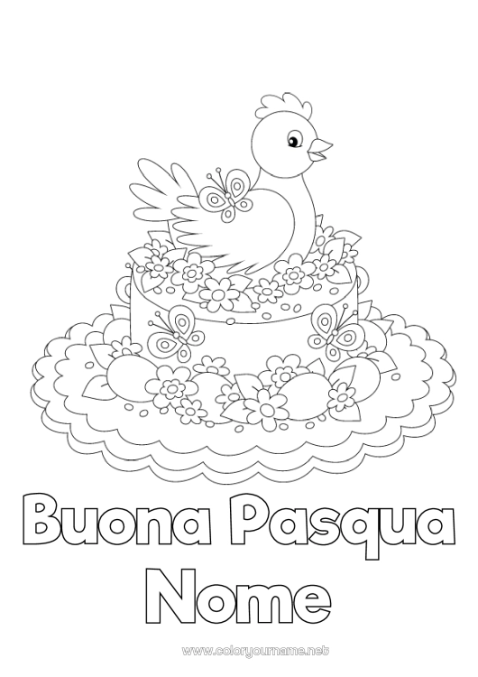 Pagina da colorare da stampare Gallina Farfalla Uova di Pasqua Insetti Animali da fattoria Cappello di Pasqua