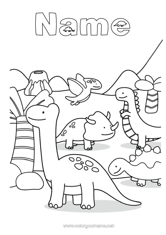 Coloring page to print Dinosaurs Volcano Animal Tyrannosaurus Triceratops