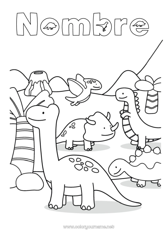 Dibujo para colorear para imprimir Dinosaurios Volcán Animales Tiranosaurio Triceratops