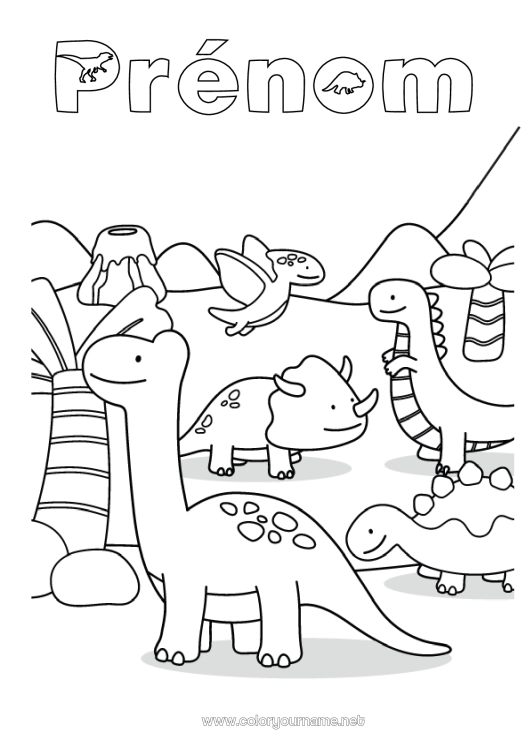 Coloriage à imprimer Dinosaures Volcan Animal Tyrannosaure Tricératops