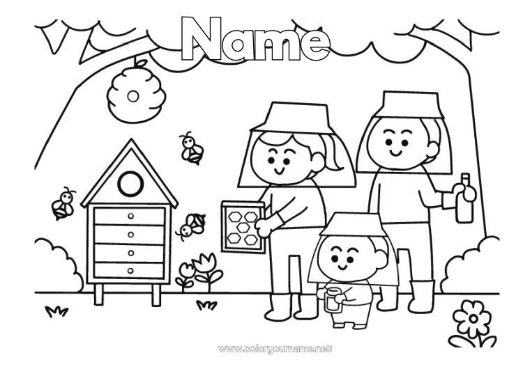 Coloring page to print Bee Insects Beehive Farm Professions Beekeeper Honey