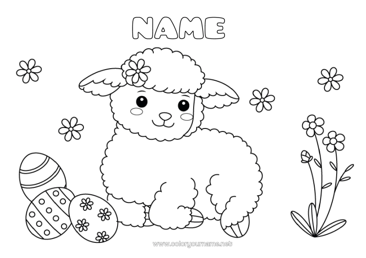 Coloring page to print Sheep Animal Easter eggs Easter Farm animals