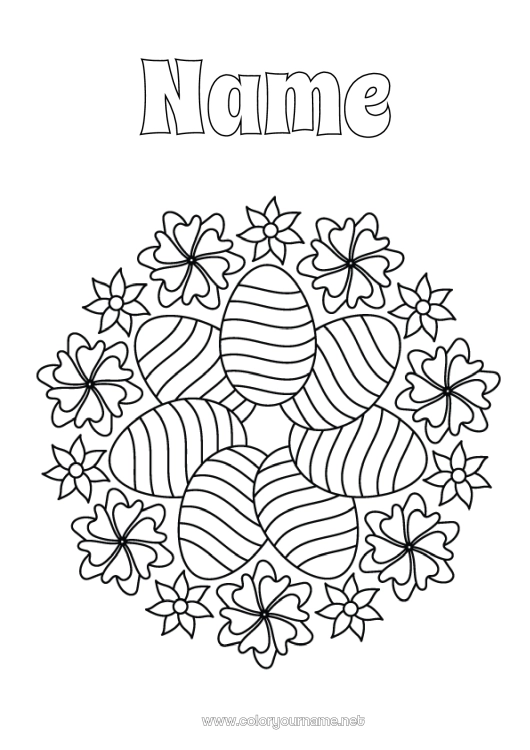 Coloring page to print Flowers Mandala Easter eggs Easter