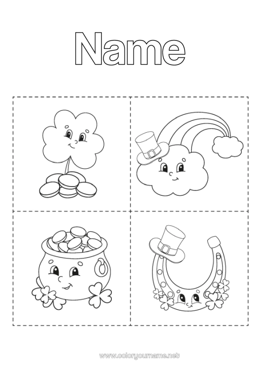 Coloring page to print Magic pot Children's activities Clover Ireland Horseshoe Saint Patrick's Day Rainbow Symbols Currency coins Educational Flashcards