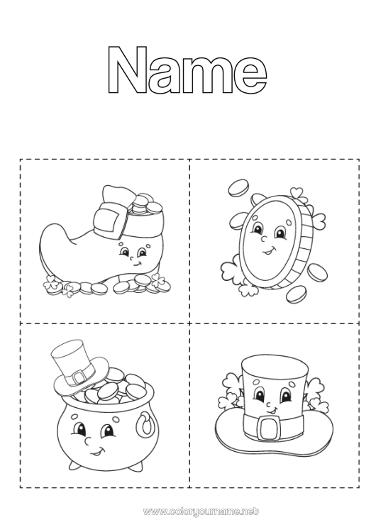 Coloring page to print Magic pot Luck Saint Patrick's Day Hat Symbols Easy coloring pages Shoe Currency coins Educational Flashcards