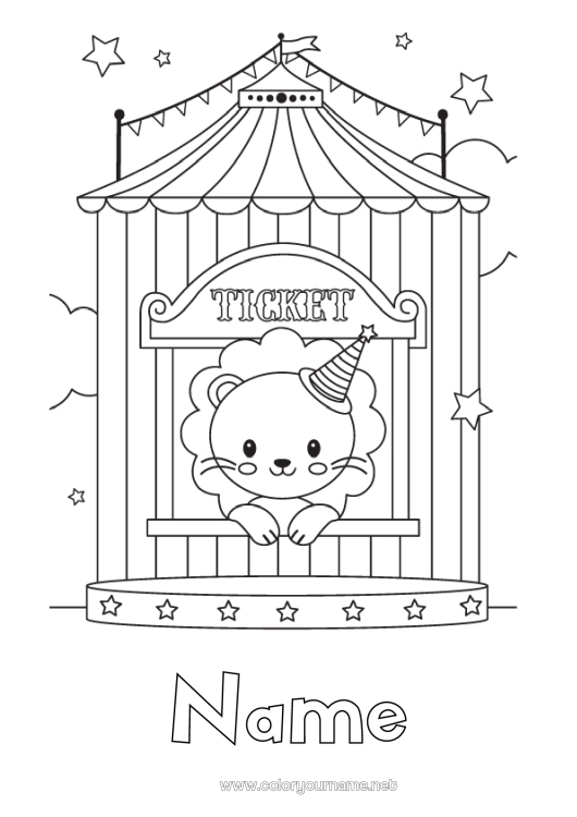 Coloring page to print Lion Animal Wild animals of Africa Circus Marquee Ticket