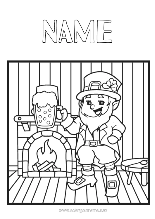 Coloring page to print Chimney Saint Patrick's Day Hat Drinks Beer