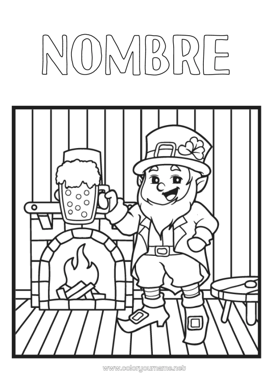 Dibujo para colorear para imprimir Chimenea Día de San Patricio Sombrero Bebidas Cerveza