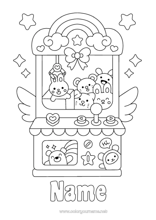 Coloring page to print Kawaii Games and toys Amusement park Plush Claw Machine Funfair