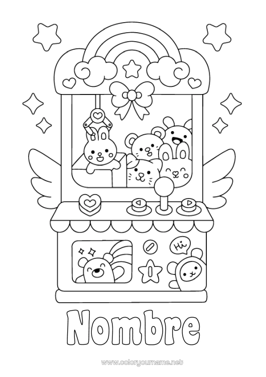 Dibujo para colorear para imprimir Kawaii Juegos y juguetes Parque de atracciones Peluche Máquina de Gancho Feria