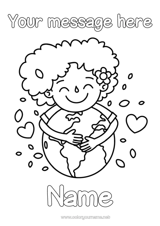 Coloring page to print Heart Girl Ecology Earth Earth Day