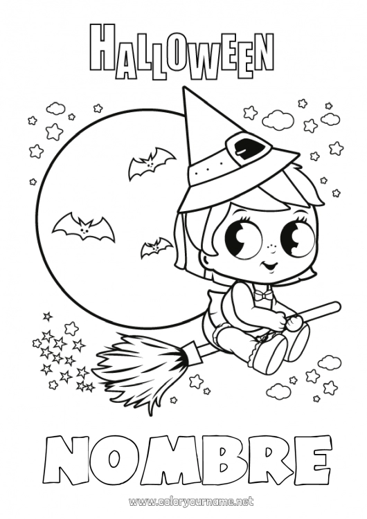 Dibujo para colorear para imprimir Escoba Bruja Lindo Halloween Inscripción 