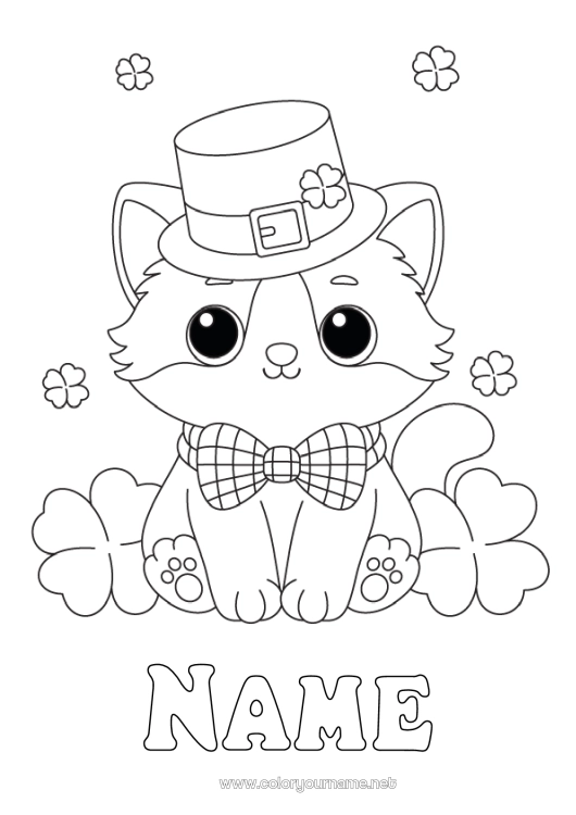 Coloring page to print Cat Kawaii Clover Saint Patrick's Day Hat Dog and cat