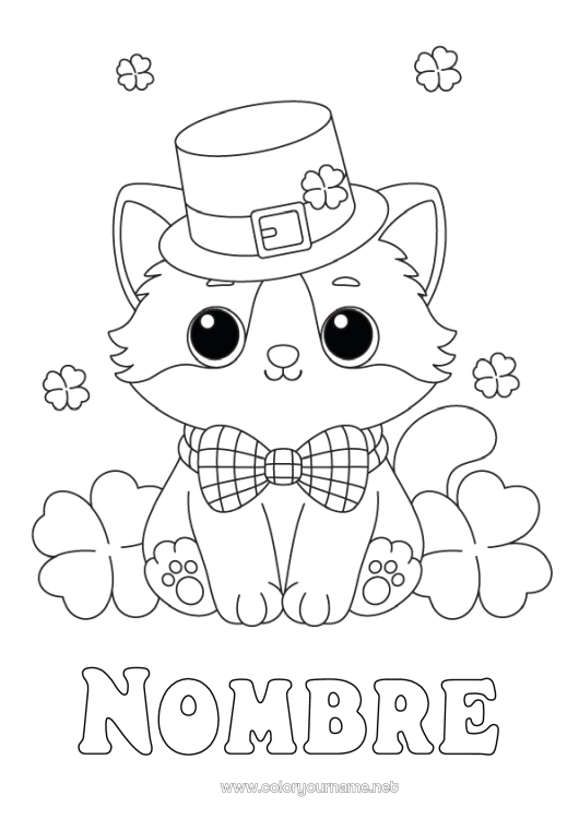 Dibujo para colorear para imprimir Cat Kawaii Trébol Día de San Patricio Sombrero Perros y gatos