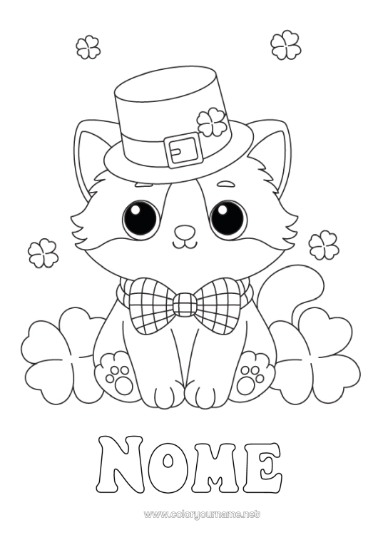 Página de desenho para imprimir Gato Kawaii Trevo Dia de São Patrício Chapéu Cães e gatos