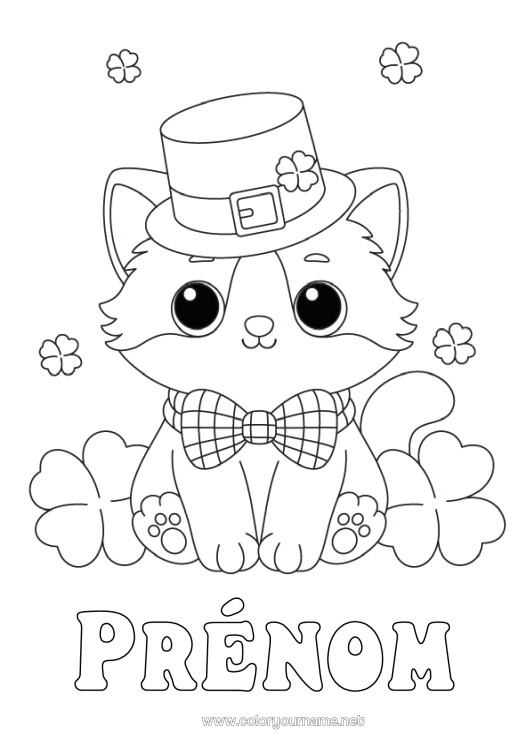 Coloriage à imprimer Chat Kawaii Trèfle Fête de la Saint Patrick Chapeau Chiens et chats