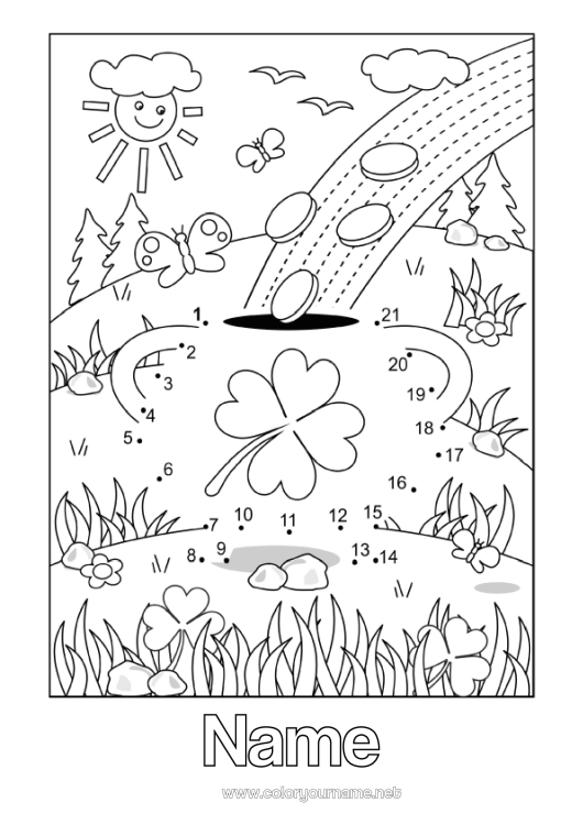 Coloring page to print Magic pot Number Children's activities Clover Saint Patrick's Day Rainbow Currency coins Connect the Numbers