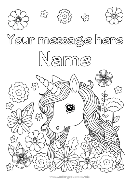 Coloring page to print Flowers Unicorn Spring Animal Dragons, unicorns and fantastic animals