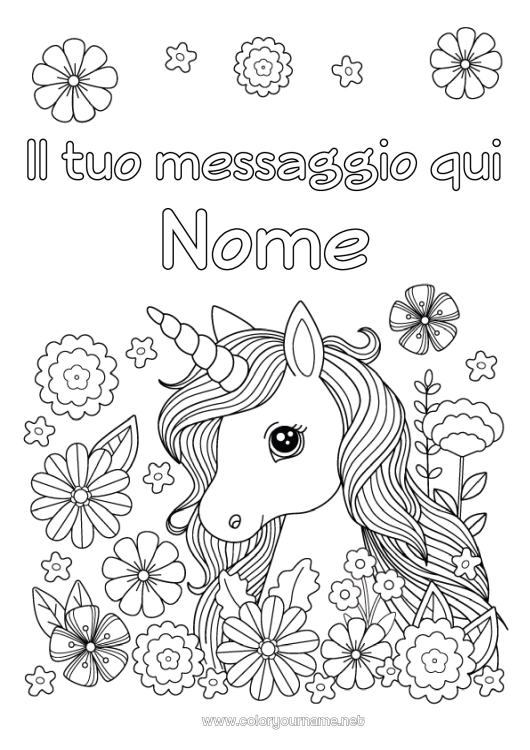 Pagina da colorare da stampare Fiori Unicorno Primavera Animale Draghi, unicorni e animali fantastici