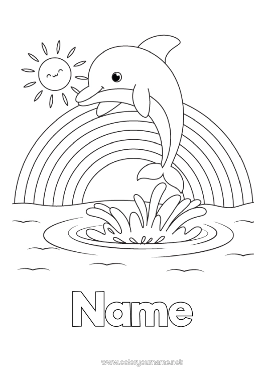 Coloring page to print Sun Animal Dolphin Rainbow Easy coloring pages Marine or aquatic animals