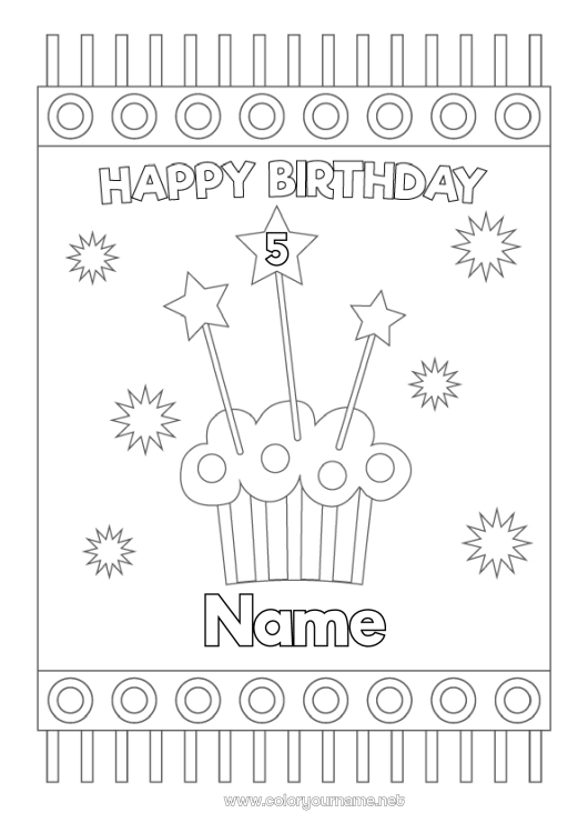 Coloring page to print Cake Birthday Stars Happy Birthday (English) Message Customizable age