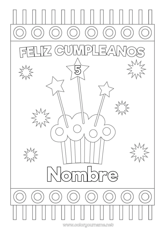 Dibujo para colorear para imprimir Tarta Cumpleaños Estrellas Mensaje de feliz cumpleaños (inglés) Edad personalizable