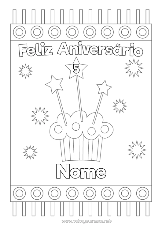 Página de desenho para imprimir Bolo Aniversário Estrelas Feliz aniversário (francês) Mensagem Idade comemorada personalizável