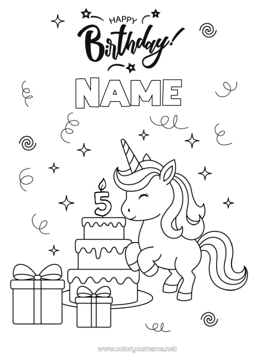 Coloring page to print Cake Gifts Birthday Kawaii Unicorn Animal Happy Birthday (English) Message Customizable age Dragons, unicorns and fantastic animals