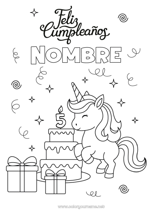 Dibujo para colorear para imprimir Tarta Regalos Cumpleaños Kawaii Unicornio Animales Mensaje de feliz cumpleaños (inglés) Edad personalizable Dragones, unicornios y animales fantásticos