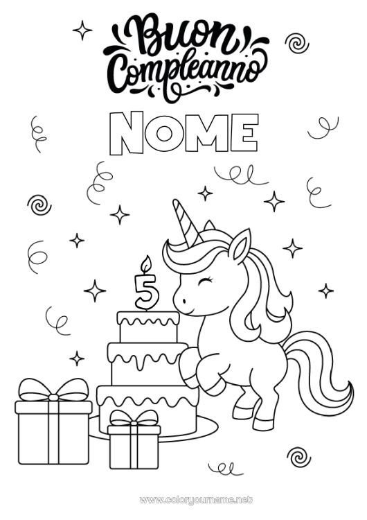 Pagina da colorare da stampare Torta Regali Compleanno Kawaii Unicorno Animale Buon compleanno (francese) Messaggio Età festeggiata personalizzabile Draghi, unicorni e animali fantastici