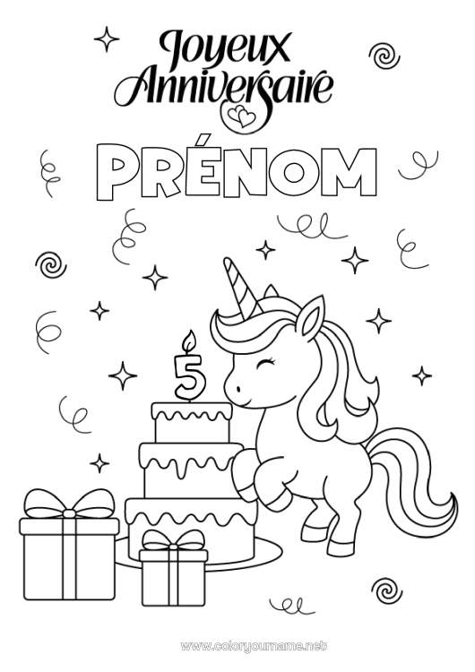 Coloriage à imprimer Gâteau Cadeaux Anniversaire Kawaii Licorne Animal Joyeux anniversaire (français) Message Age fêté personnalisable Dragons, licornes et animaux fantastiques