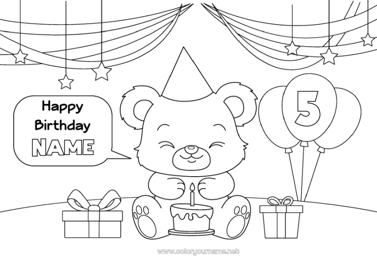 Coloring page to print Cake Gifts Birthday Animal Teddy Bear Happy Birthday (English) Message Customizable age Forest animals