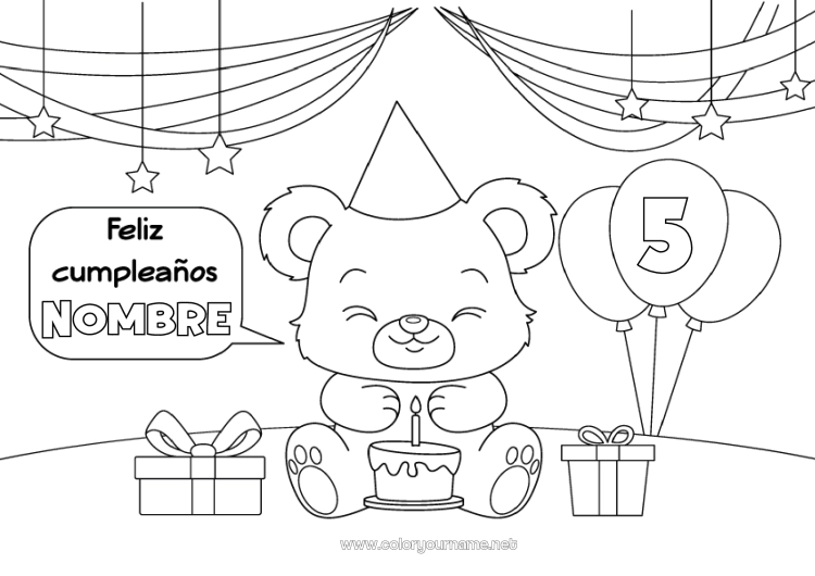 Dibujo para colorear para imprimir Tarta Regalos Cumpleaños Animales Osito Mensaje de feliz cumpleaños (inglés) Edad personalizable Animales del bosque