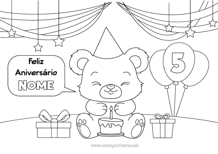 Página de desenho para imprimir Bolo Presentes Aniversário Animal Filhote de urso Feliz aniversário (francês) Mensagem Idade comemorada personalizável Animais da floresta