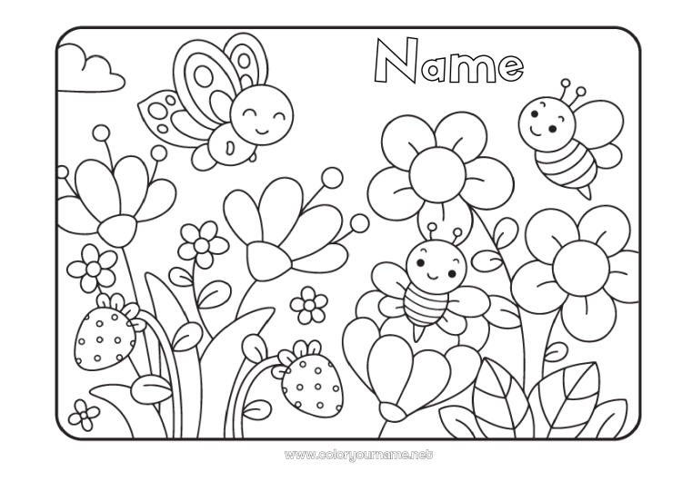 Coloring page to print Flowers Spring Butterfly Animal Bee Fruits Strawberry Insects