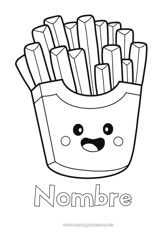 Dibujo para colorear para imprimir Kawaii Alimento Dibujos fáciles para colorear Patatas fritas