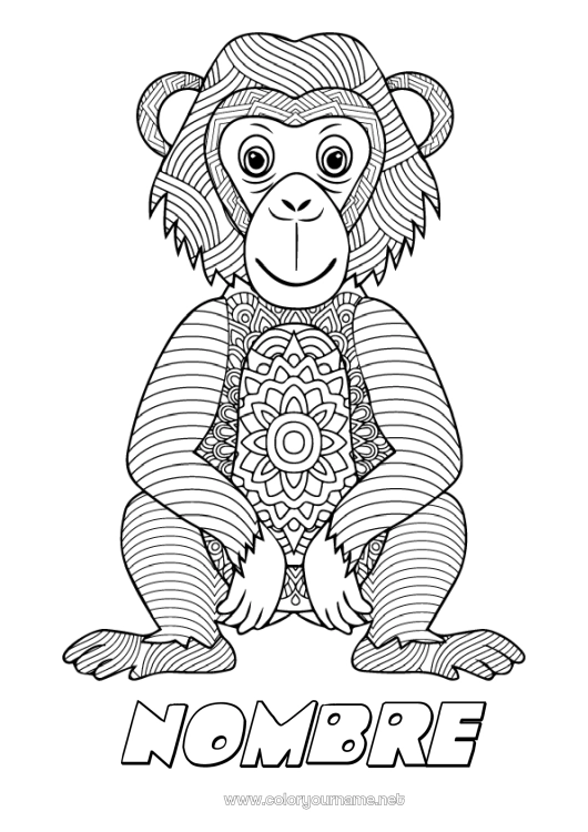 Dibujo para colorear para imprimir Mandala Animales Mono Zentangle Animales salvajes de África