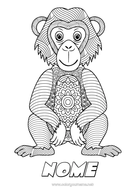 Página de desenho para imprimir Mandala Animal Macaco Zentangle Animais selvagens da África