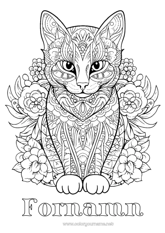 Färgläggningssida att skriva ut Katt Mandala Djur Komplexa målarbilder Zentangle Hundar och katter