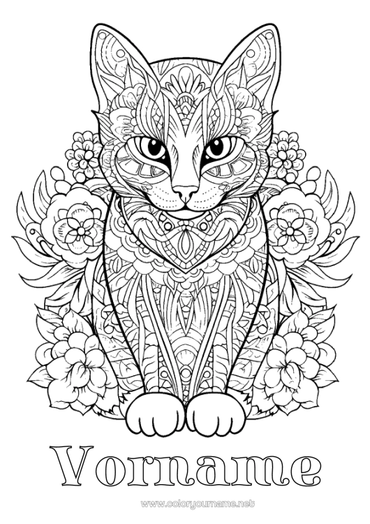 Malvorlage zum Ausdrucken Katze Mandala Tier Komplexe Ausmalbilder Zentangle Hunde und Katzen