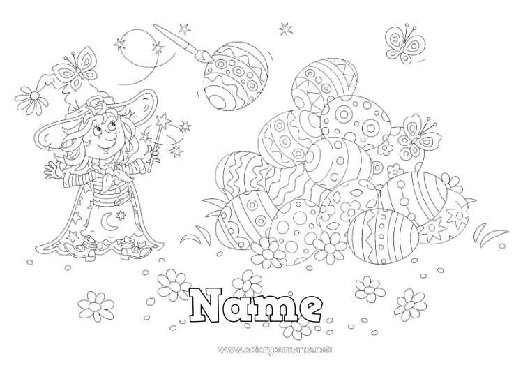 Coloring page to print Witch Easter eggs Easter Magic trick Easter Painted Eggs