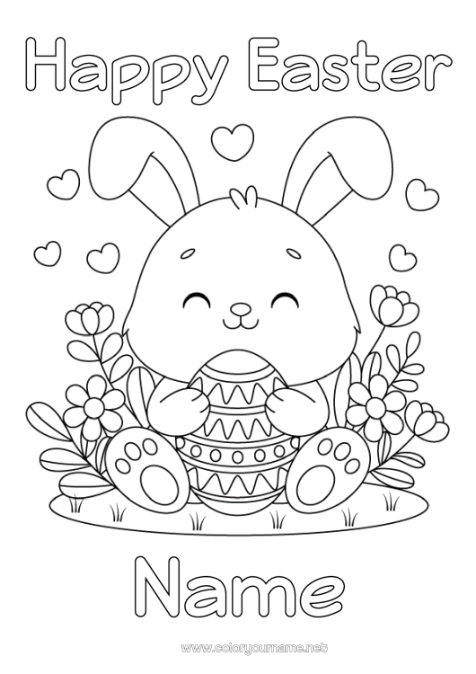 Coloring page to print Kawaii Bunny Animal Easter eggs Easter Forest animals