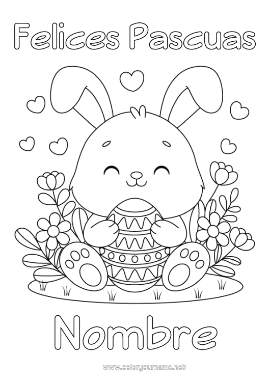 Dibujo para colorear para imprimir Kawaii Conejo Animales Huevos de Pascua Pascua de Resurrección Animales del bosque