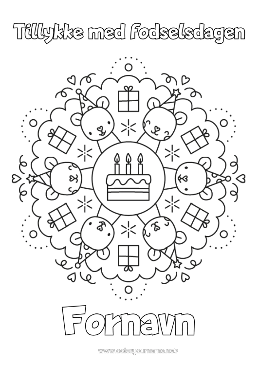 Farvelægningssiden til udskrivning Stearinlys Kage Gaver Fødselsdag Mandala Mus Tillykke med fødselsdagen! Skovens dyr