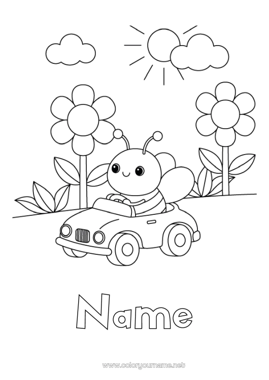 Coloring page to print Flowers Spring Car Bee Easy coloring pages Insects Cars, vans, and motorhomes