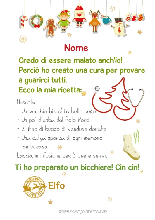 Pagina da colorare da stampare Malato Elfo di Natale Missione dell'Elf di Natale Lettere di elfi scherzosi Scherzi e Idee per Elfi di Natale