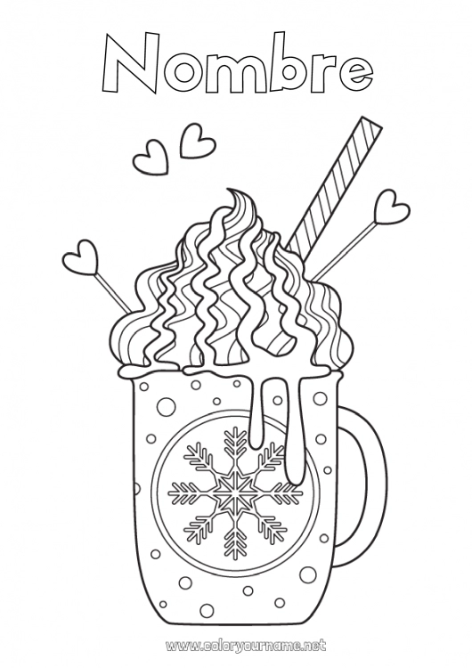 Dibujo para colorear para imprimir Invierno Alimento Taza Copos de nieve Café Bebidas Golosinas