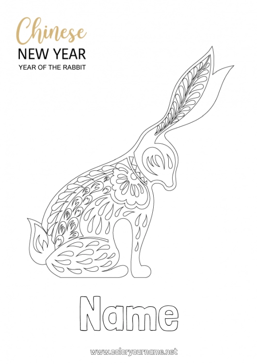 Coloring page to print Bunny 2023 Chinese New Year Forest animals