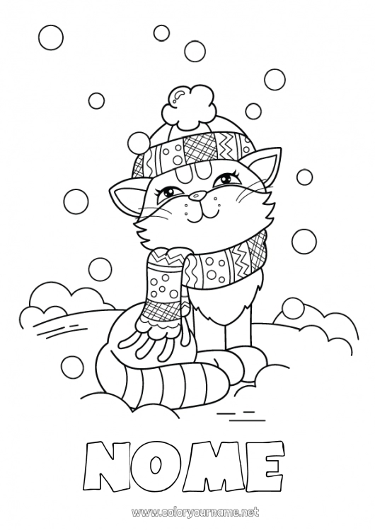 Página de desenho para imprimir Fofo Gato Neve Inverno Animal Cães e gatos