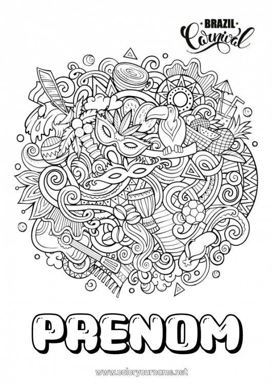 Coloriage à imprimer Mandala Carnaval Mardi gras Géographie Coloriages complexes Pays Brésil Guitare Maracas Instruments de musique